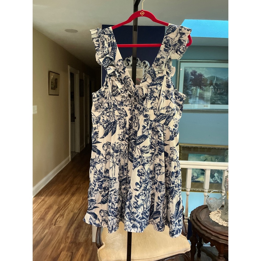 Abercrombie & Fitch Mini Dress XL Blue White Toile Ruffle Smocked Tiered Pockets